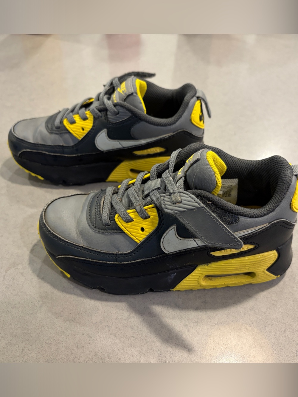 Nike Air Max 90 Kids Gray and Yellow Velcro Lace Sneakers 13C